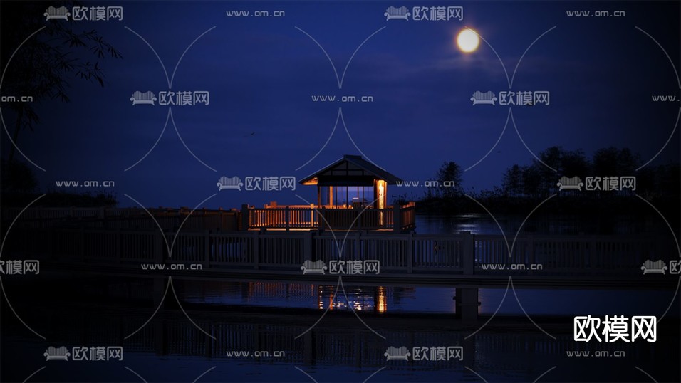 中式公园亭子 休息亭夜景3d模型下载(渲染图1)