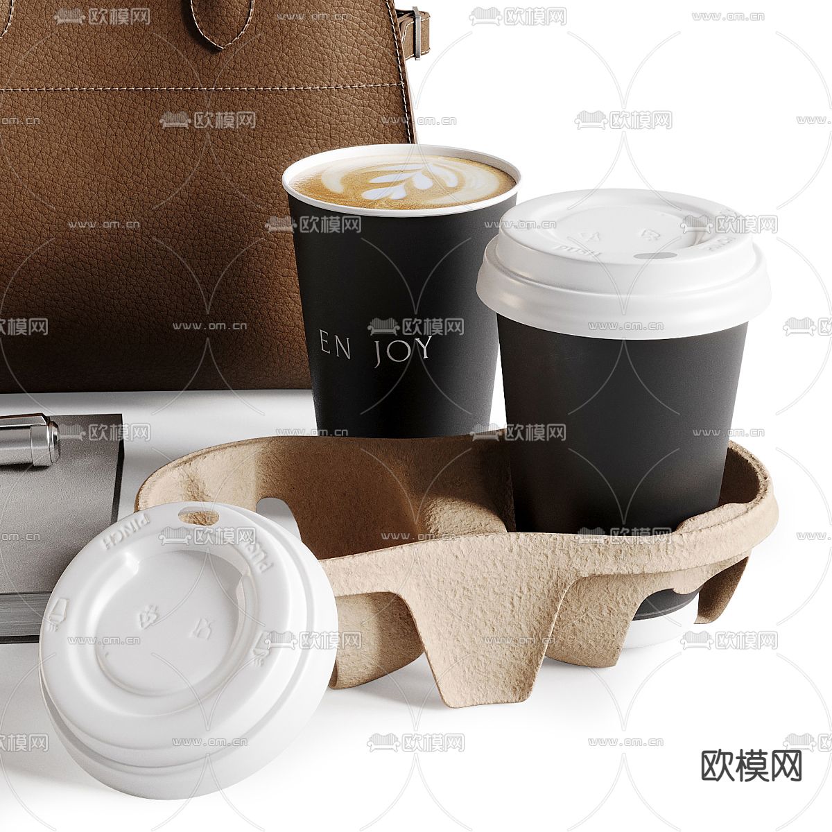 办公用品 桌面摆件 皮包 咖啡 记事本3d模型下载（渲染图2）