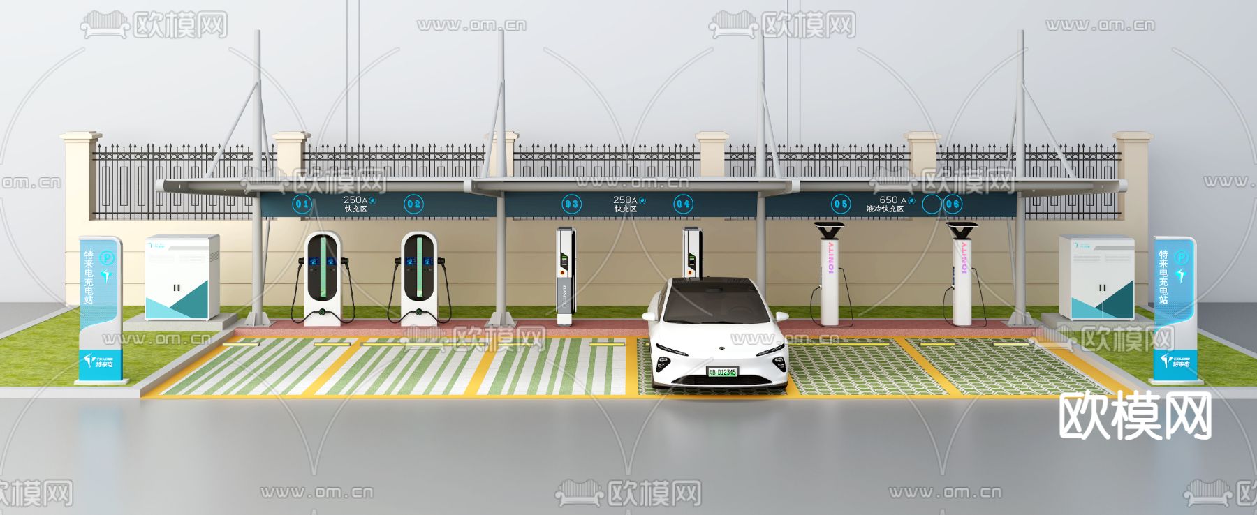 充电站 车棚拉膜 充电桩 停车位3d模型下载（渲染图1）