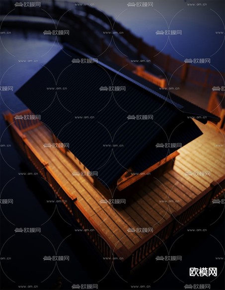 中式公园亭子 休息亭夜景3d模型下载(渲染图3)