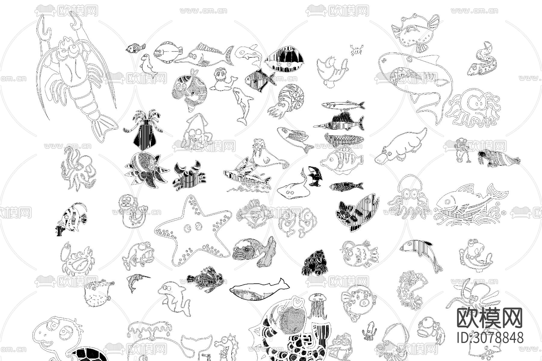 水族箱鱼缸海洋动生物各种鱼类动漫卡通乌龟螃蟹贝壳CAD图库下载（渲染图3）