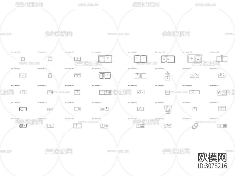 現(xiàn)代廚房用品 廚具 廚衛(wèi)用具 水槽 洗菜盆平面CAD圖庫下載(渲染圖1)