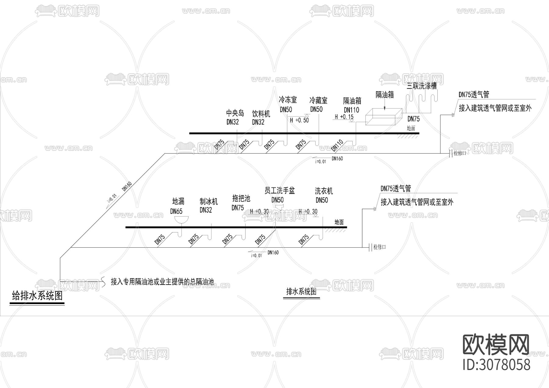快餐店给排水CAD施工图下载（渲染图3）
