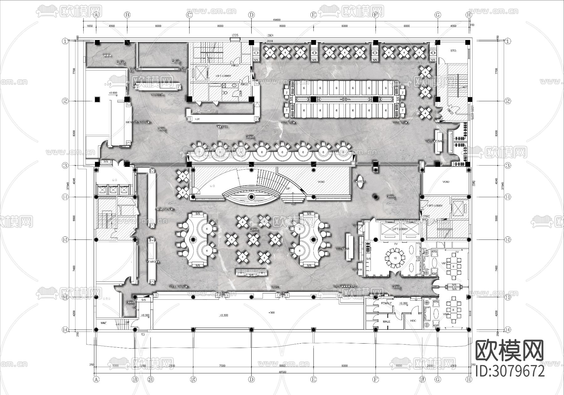 1700㎡酒店全日餐厅平面布置图下载
