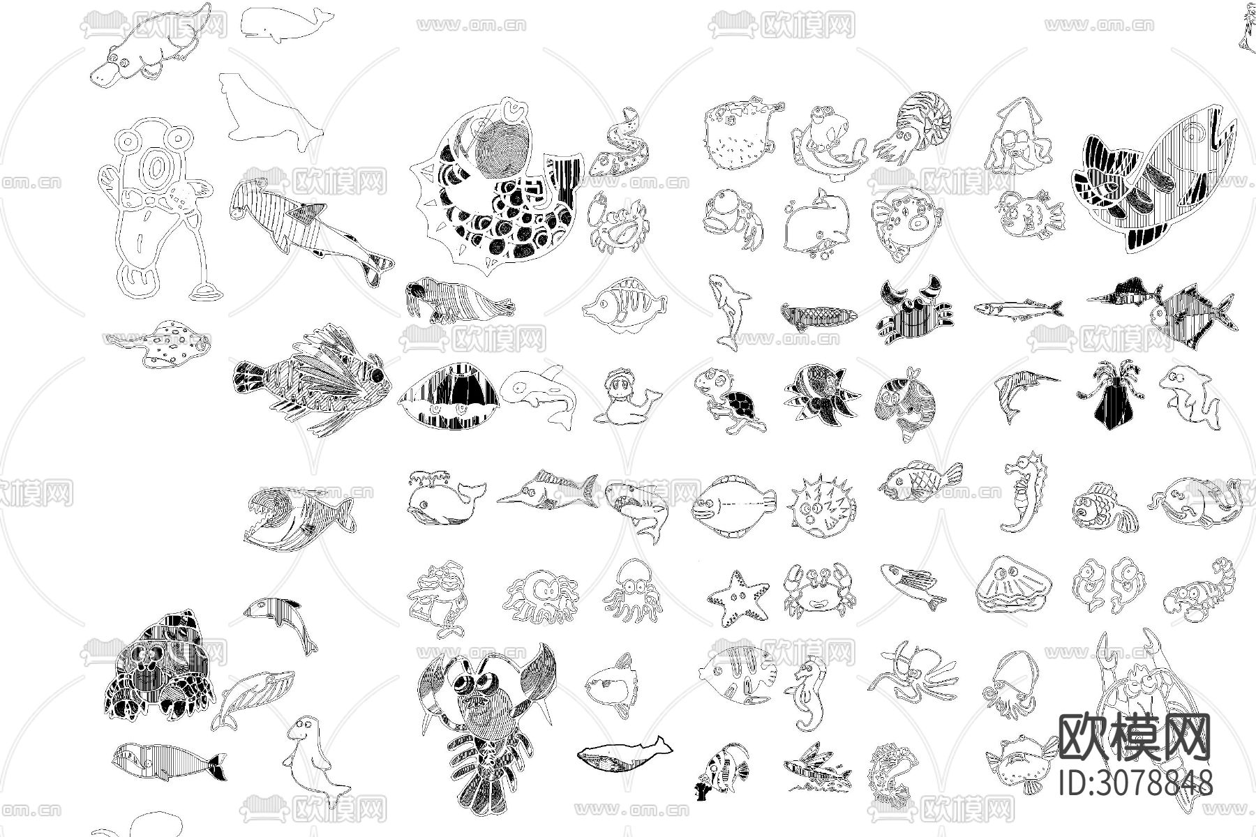 水族箱鱼缸海洋动生物各种鱼类动漫卡通乌龟螃蟹贝壳CAD图库下载（渲染图2）