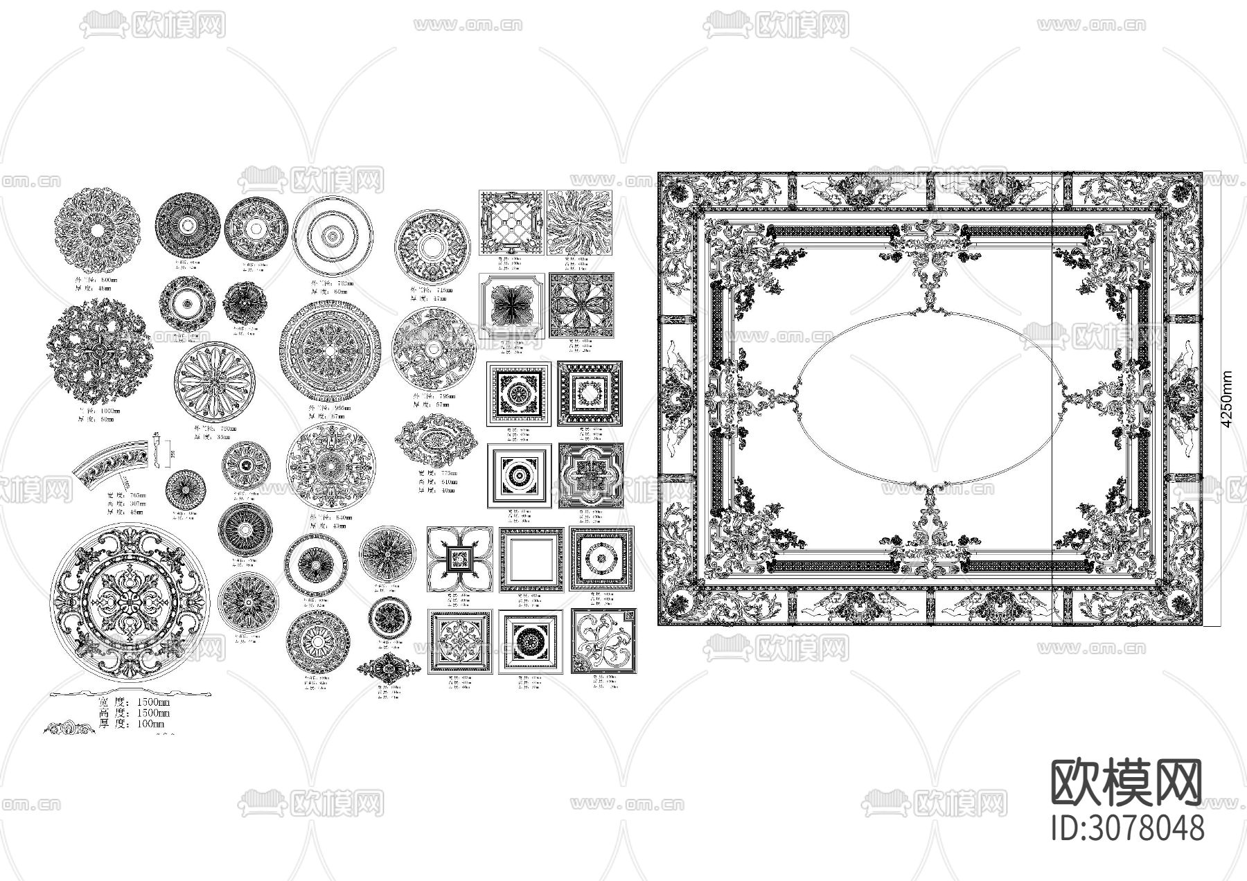 最新法式顶面拼花及灯盘模块CAD施工图下载（渲染图2）