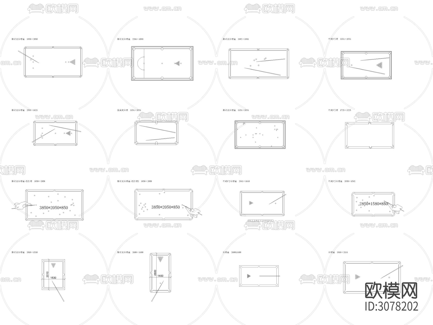 现代运动娱乐器材 台球桌 球杆平面图 立面图 侧面CAD图库下载（渲染图2）