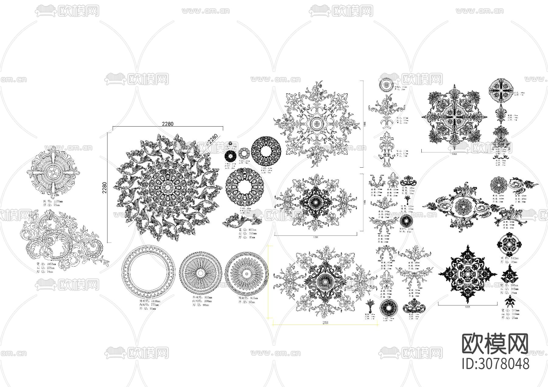 最新法式顶面拼花及灯盘模块CAD施工图下载（渲染图1）