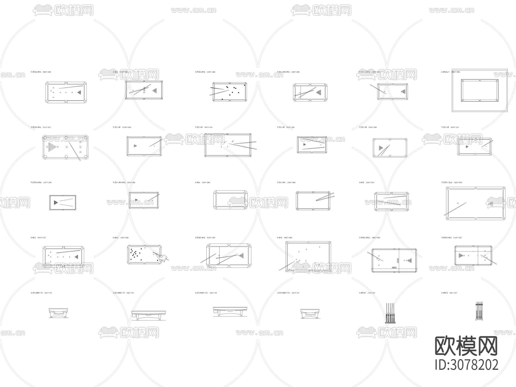 现代运动娱乐器材 台球桌 球杆平面图 立面图 侧面CAD图库下载（渲染图1）