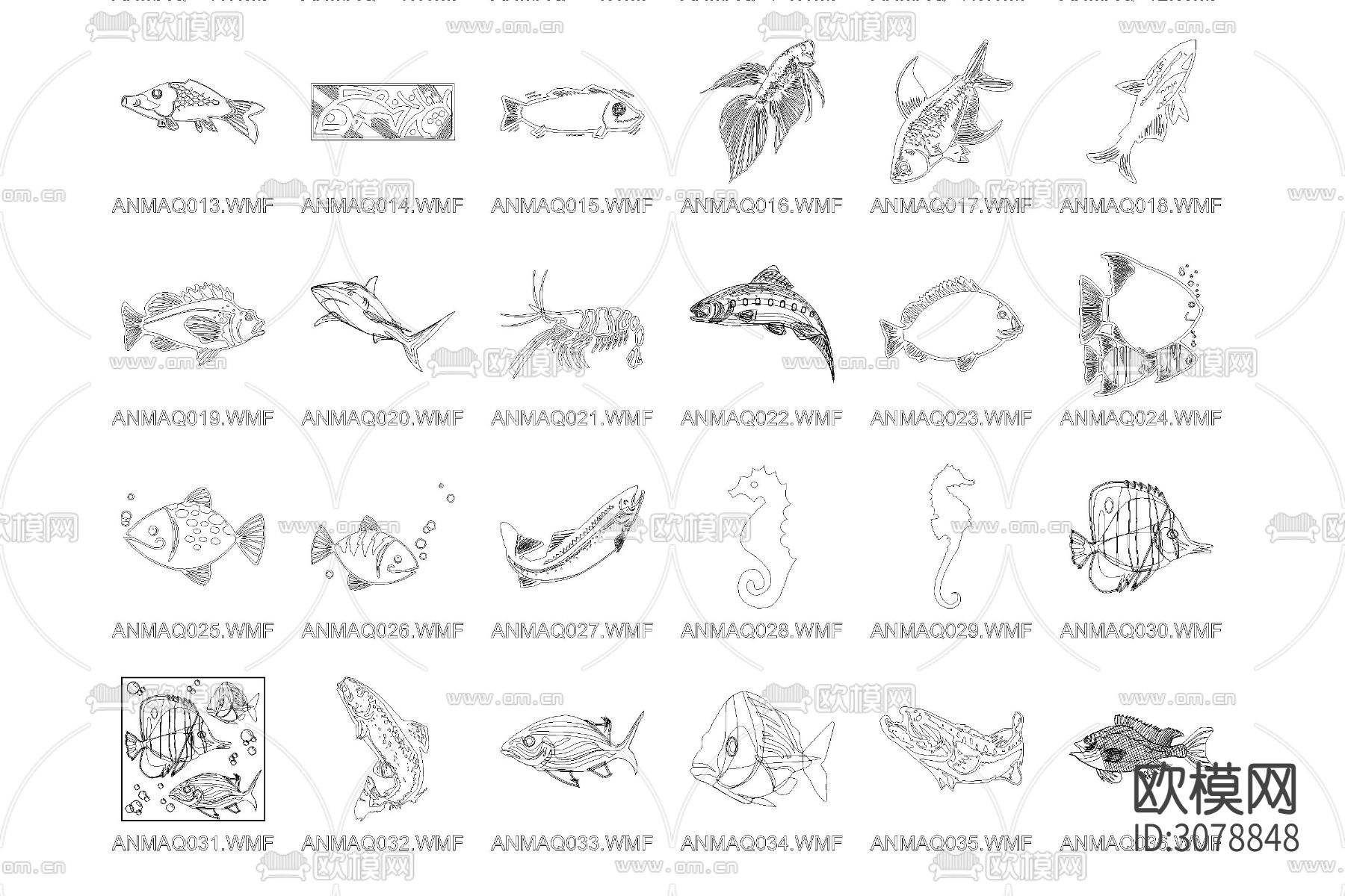 水族箱鱼缸海洋动生物各种鱼类动漫卡通乌龟螃蟹贝壳CAD图库下载（渲染图6）