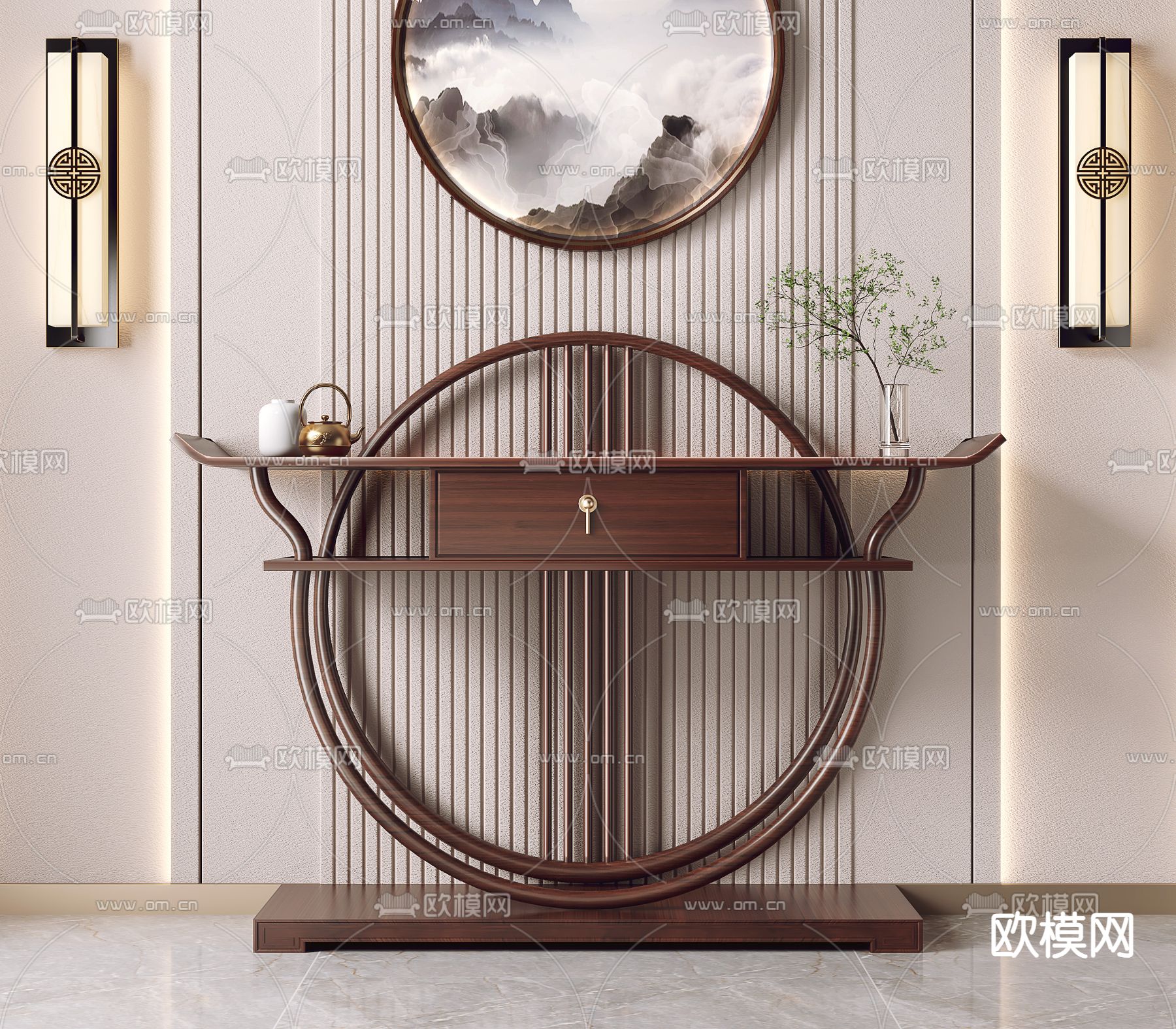 新中式玄关台 端景台su模型下载（渲染图1）