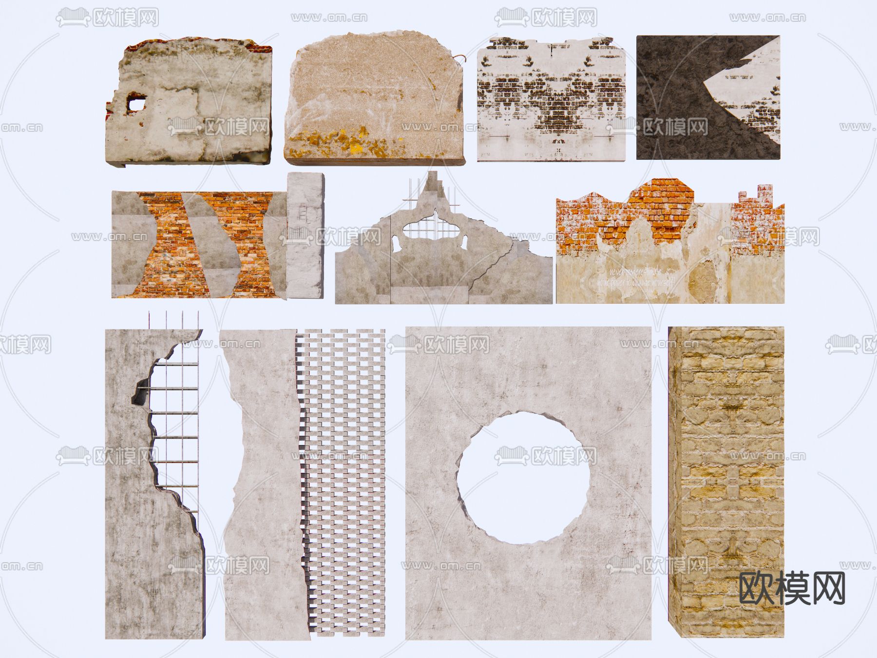 破损红砖墙 工业风柱子 破损柱子 钢筋水泥墙su模型下载（渲染图2）