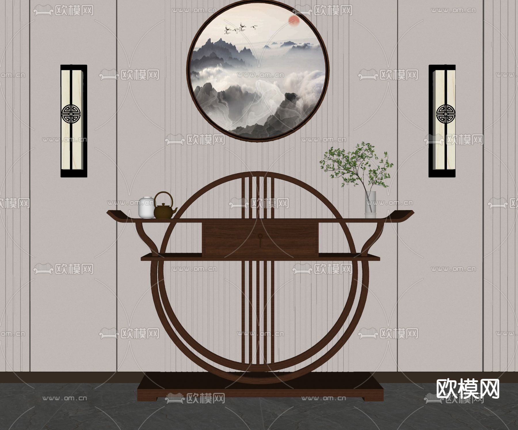 新中式玄关台 端景台su模型下载（渲染图2）