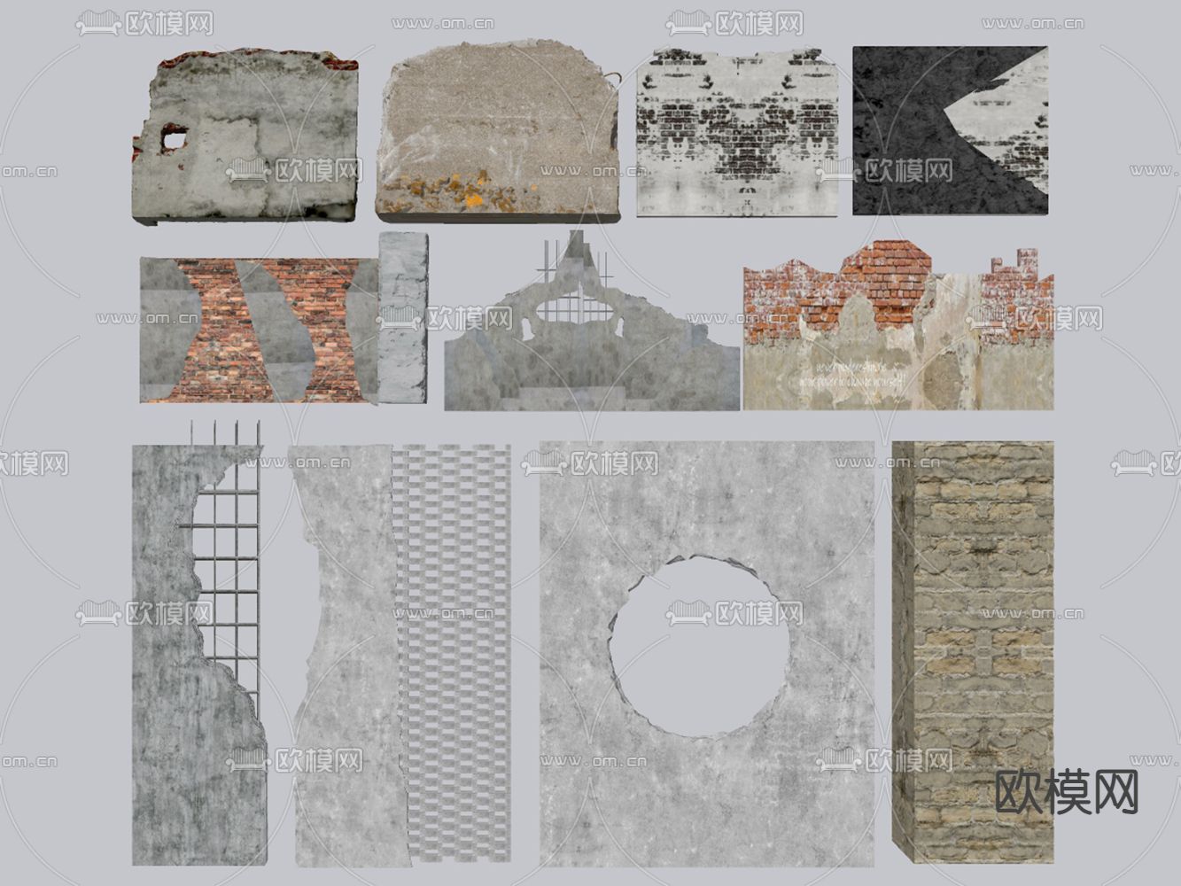 破损红砖墙 工业风柱子 破损柱子 钢筋水泥墙su模型下载（渲染图1）