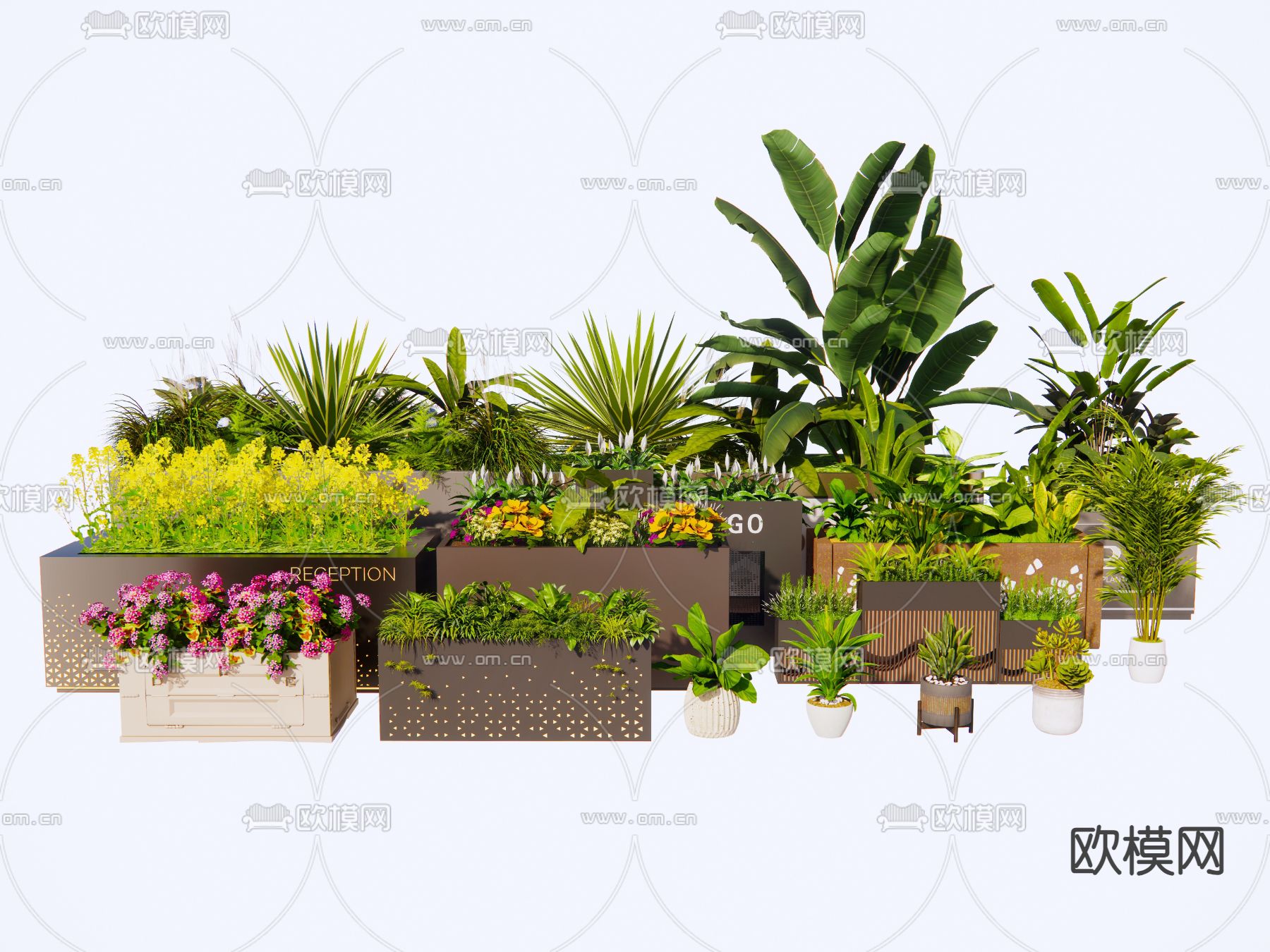 外摆花箱 花坛花箱 户外植物su模型下载（渲染图2）