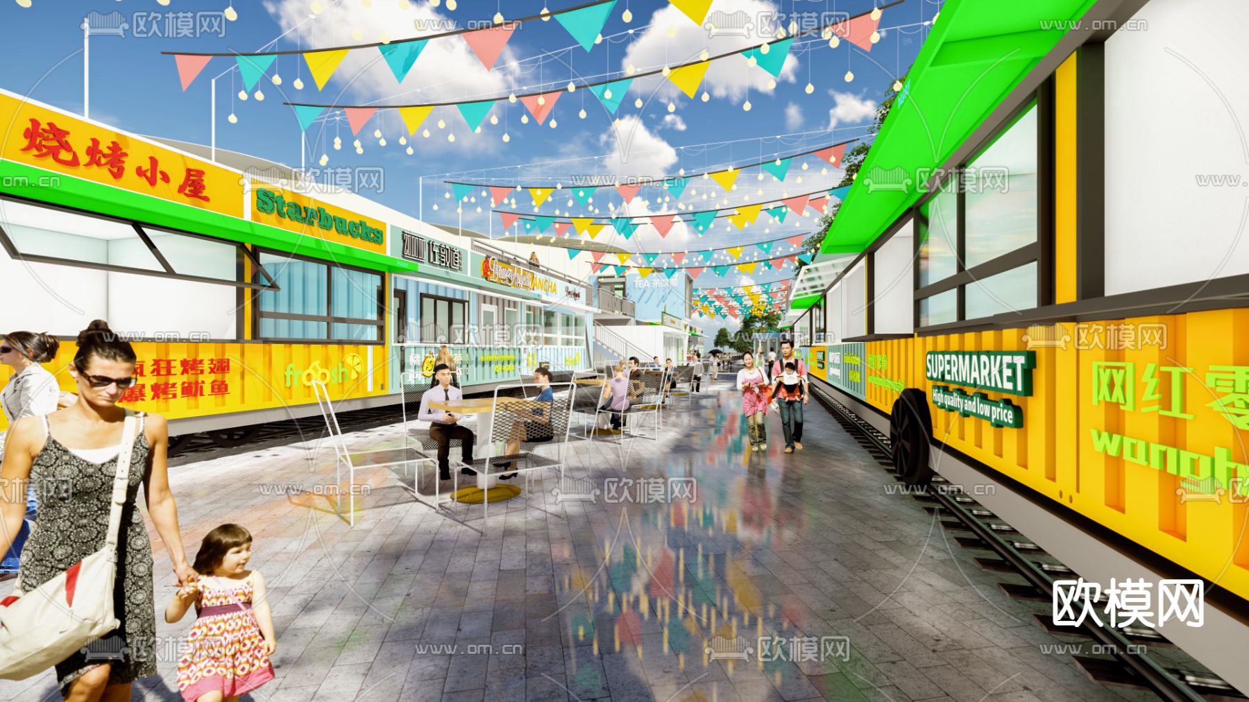 现代集装箱 商业街su模型下载（渲染图3）