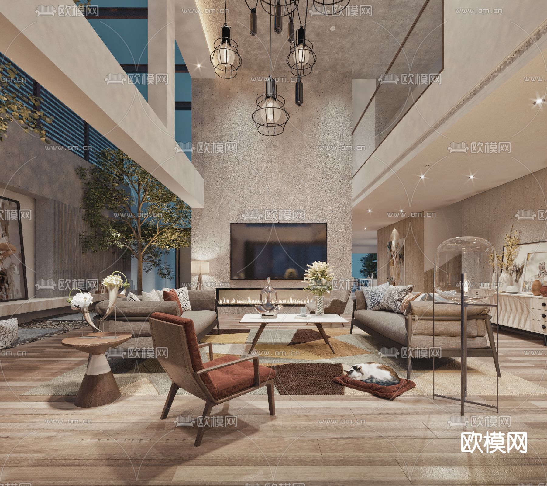 现代别墅客厅3d模型下载（渲染图1）