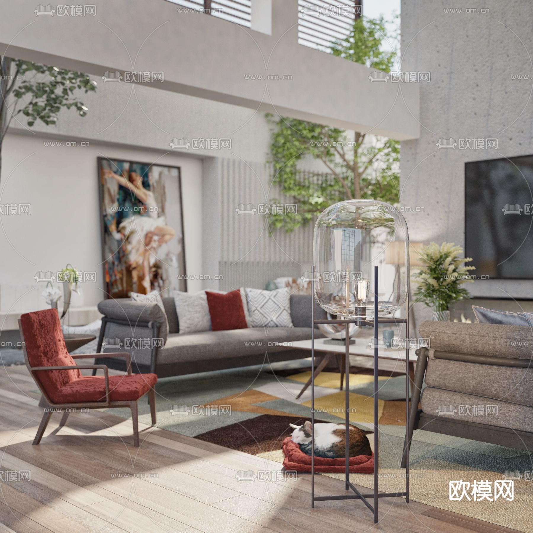 现代别墅客厅3d模型下载（渲染图2）