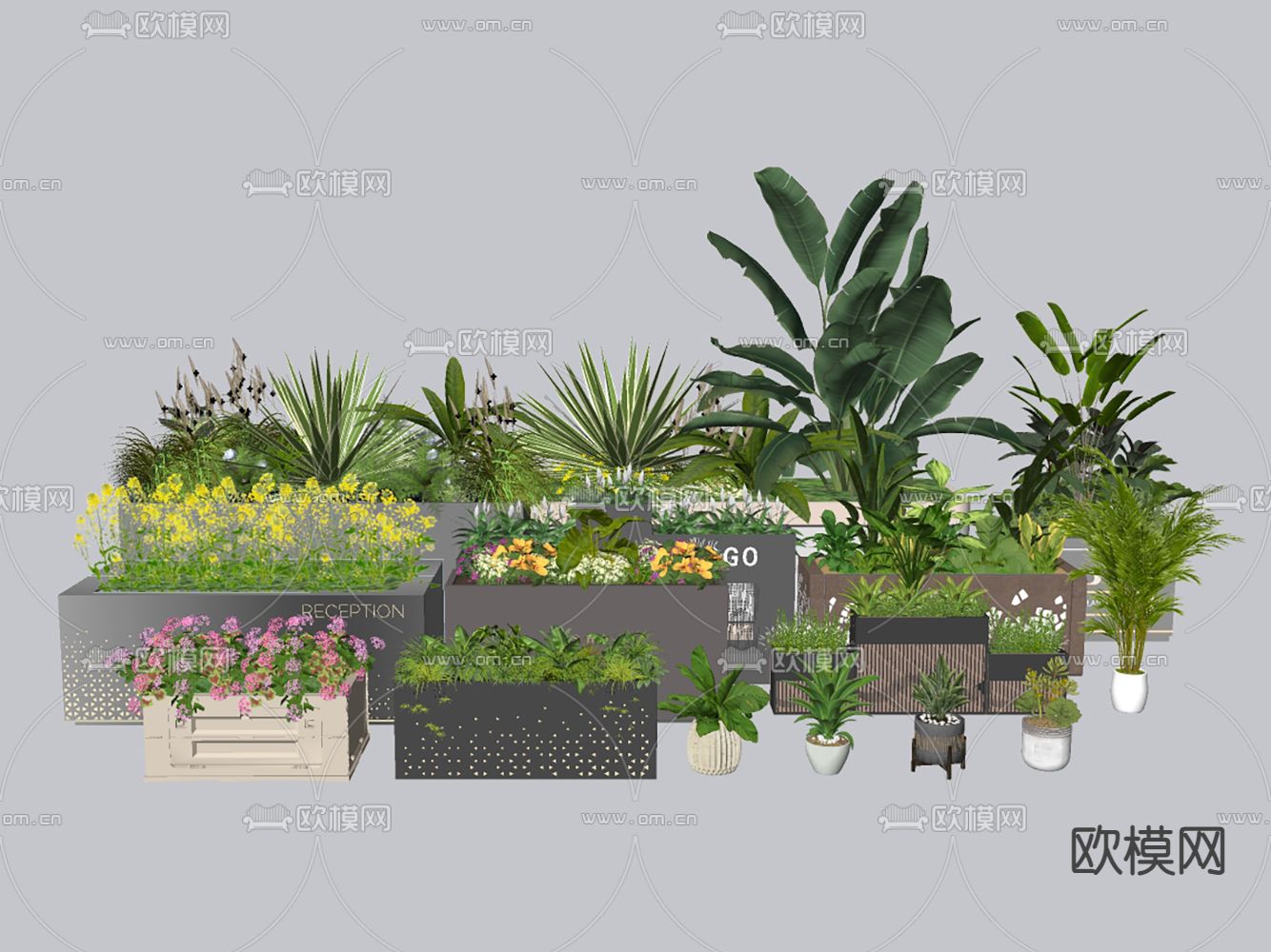 外摆花箱 花坛花箱 户外植物su模型下载（渲染图1）
