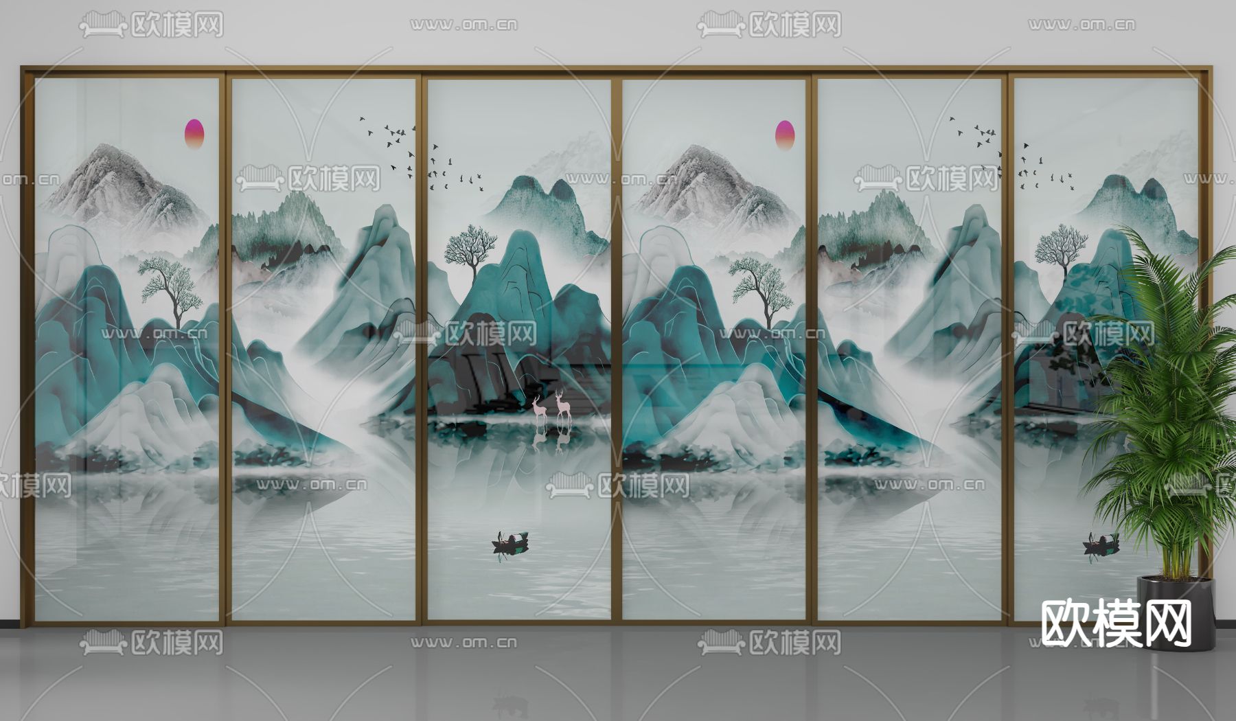新中式推拉门 隔断 移门3d模型下载