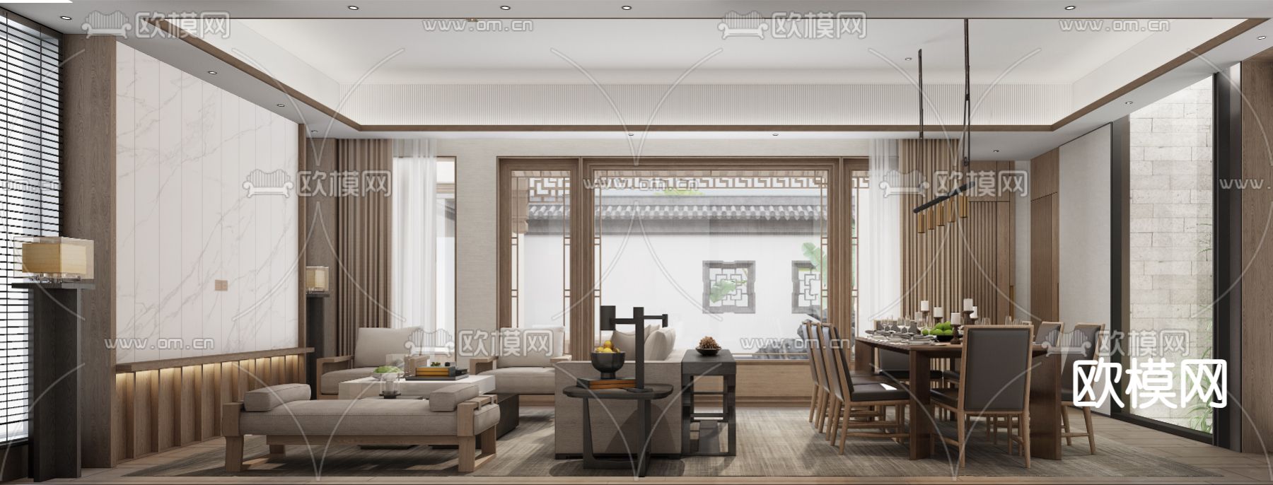 新中式客餐厅3d模型下载（渲染图3）