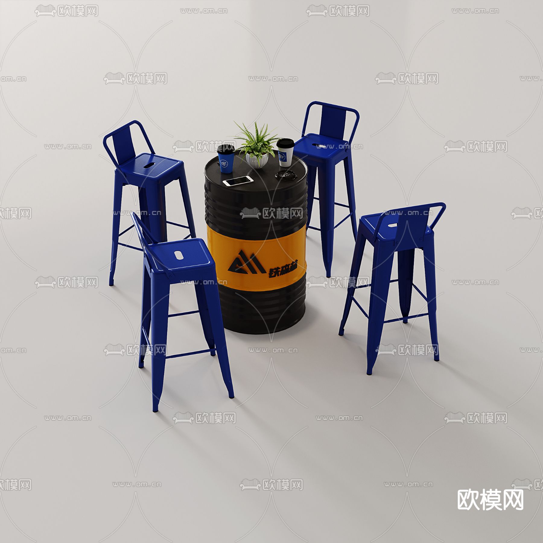 工业风LOFT座椅 汽油桶桌 休闲桌椅su模型下载（渲染图2）
