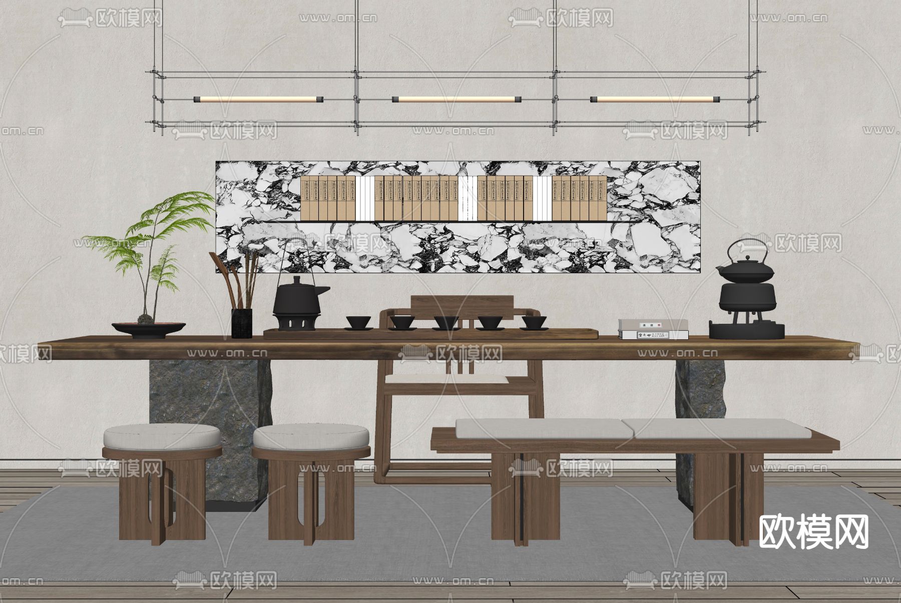 新中式茶桌椅 茶台 茶具su模型下载（渲染图1）