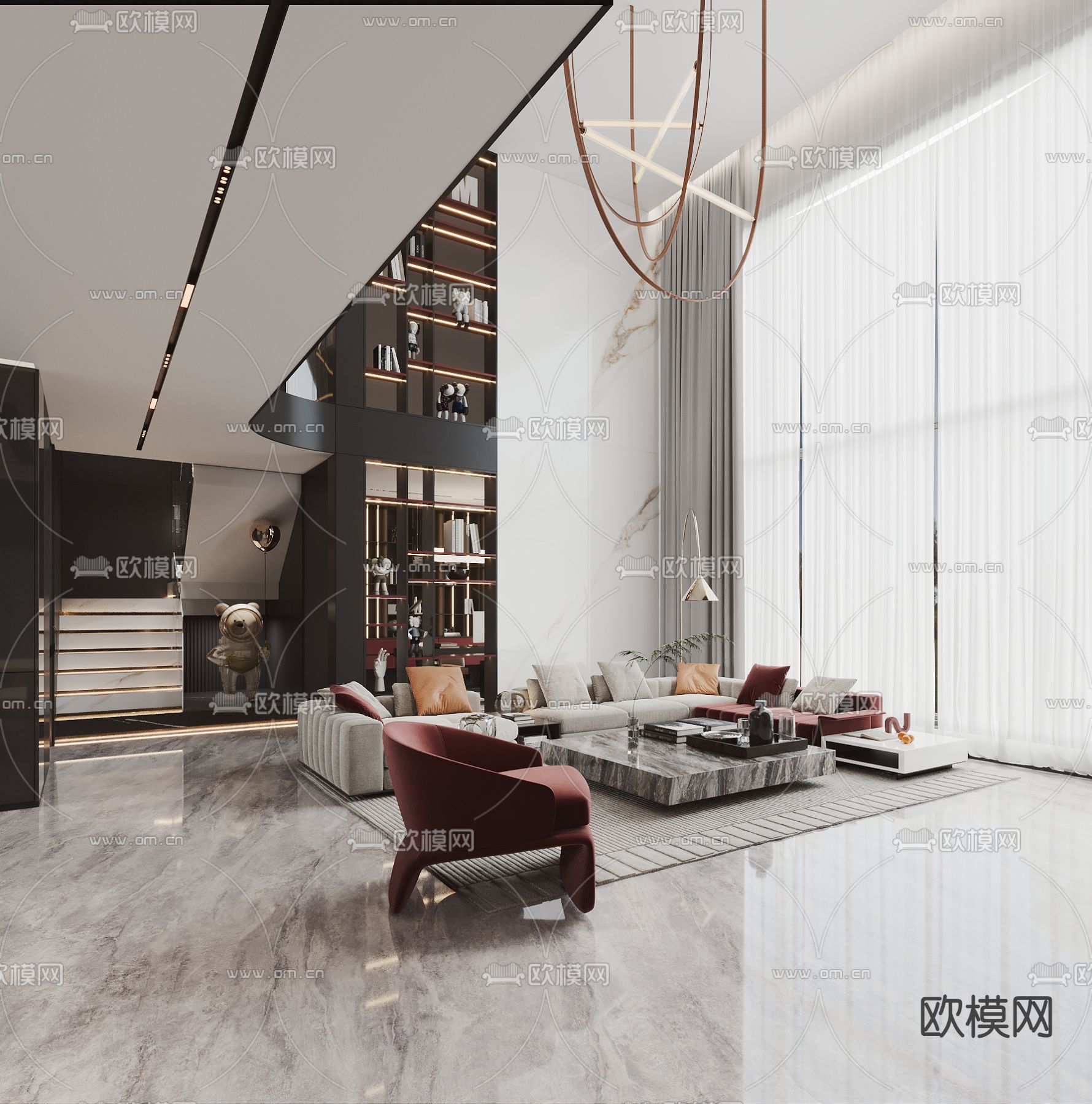 现代别墅客厅 挑空客厅su模型下载（渲染图2）