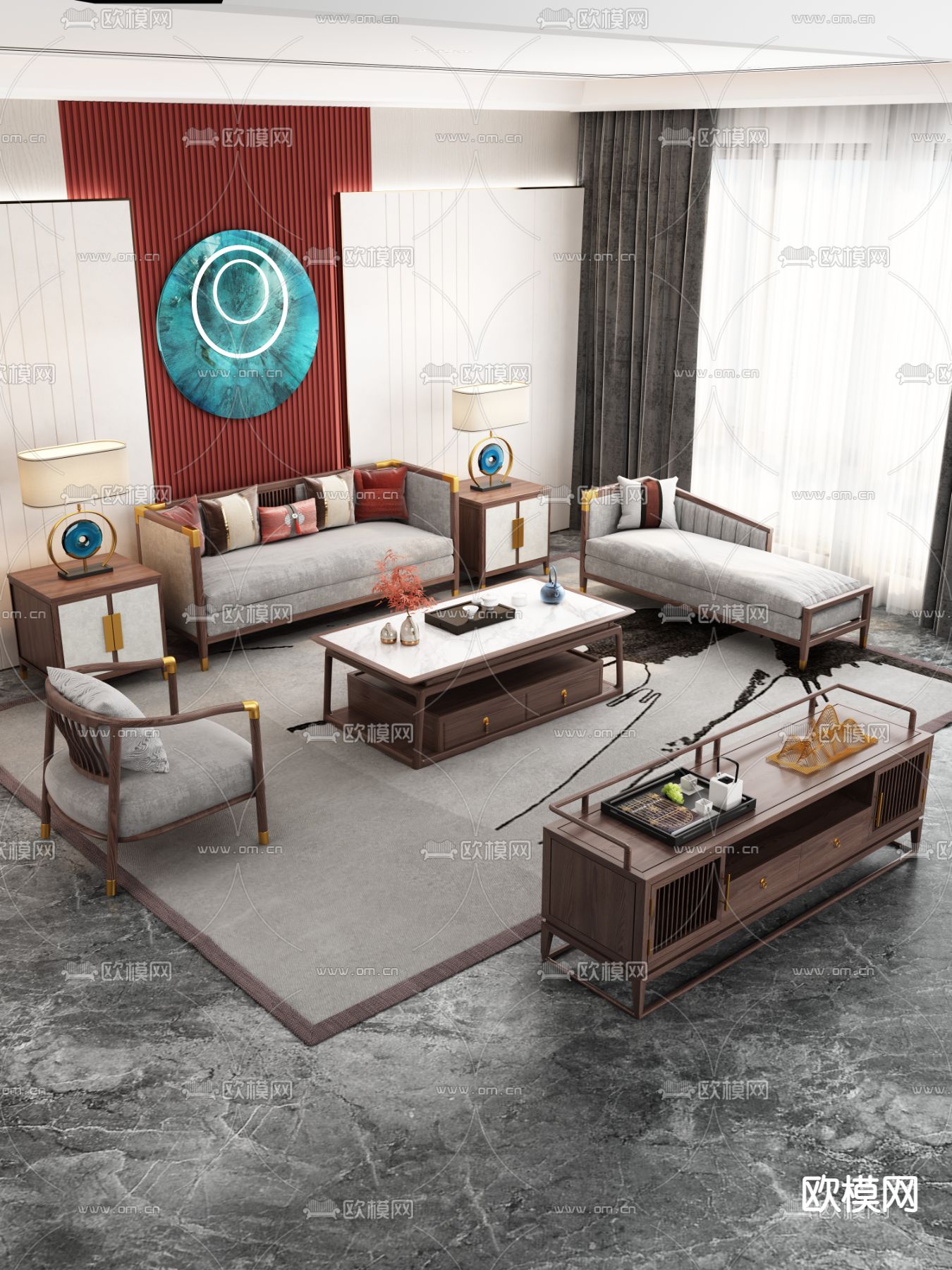 中式组合沙发 客厅3d模型下载