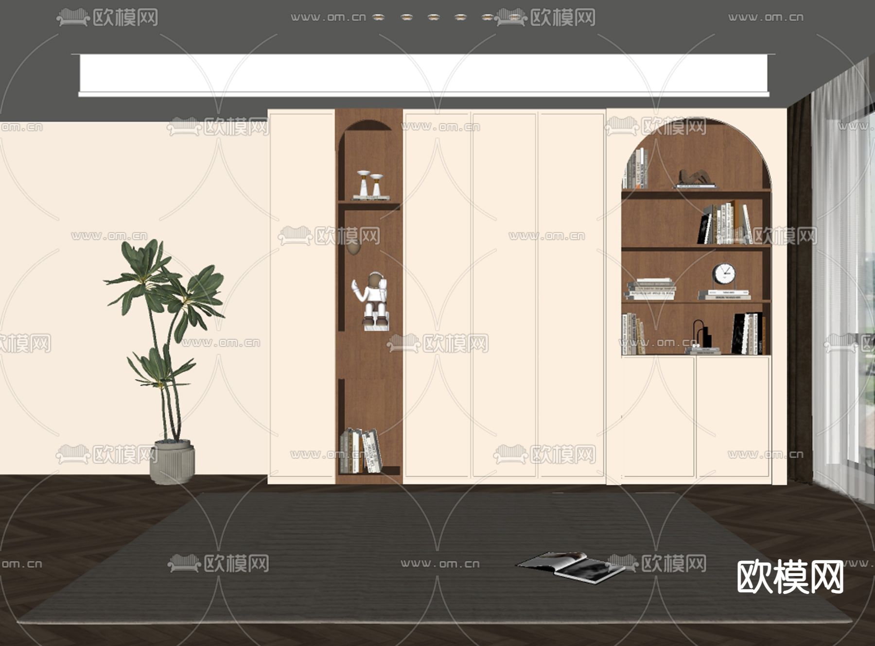 中古风书柜 装饰柜 收纳柜su模型下载（渲染图1）