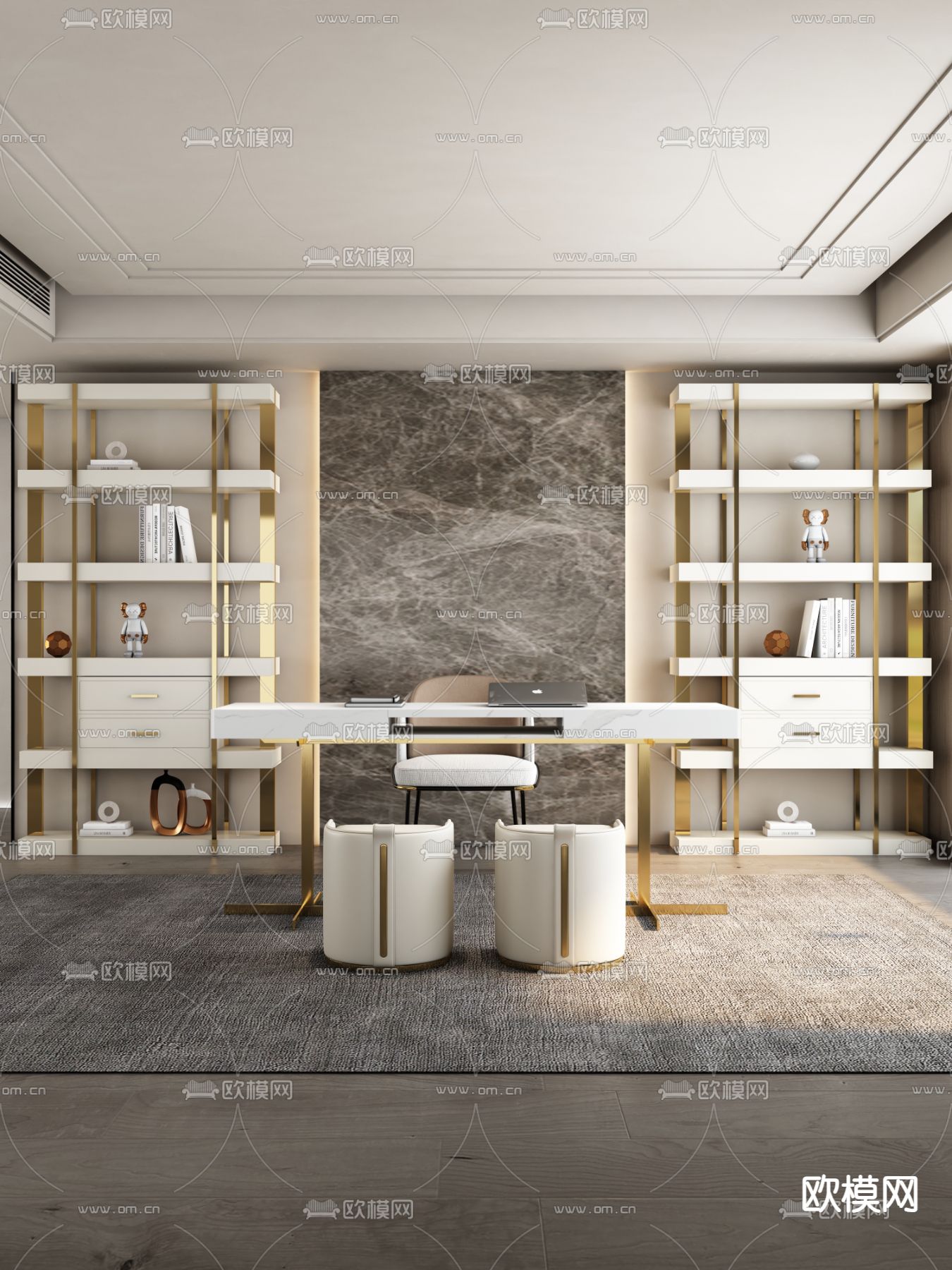 轻奢书台 书架 办公桌 书桌3d模型下载