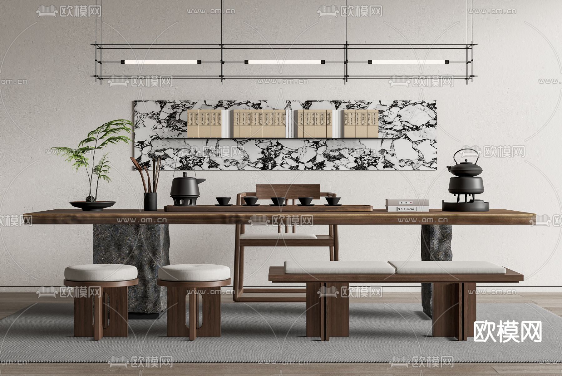 新中式茶桌椅 茶台 茶具su模型下载（渲染图2）