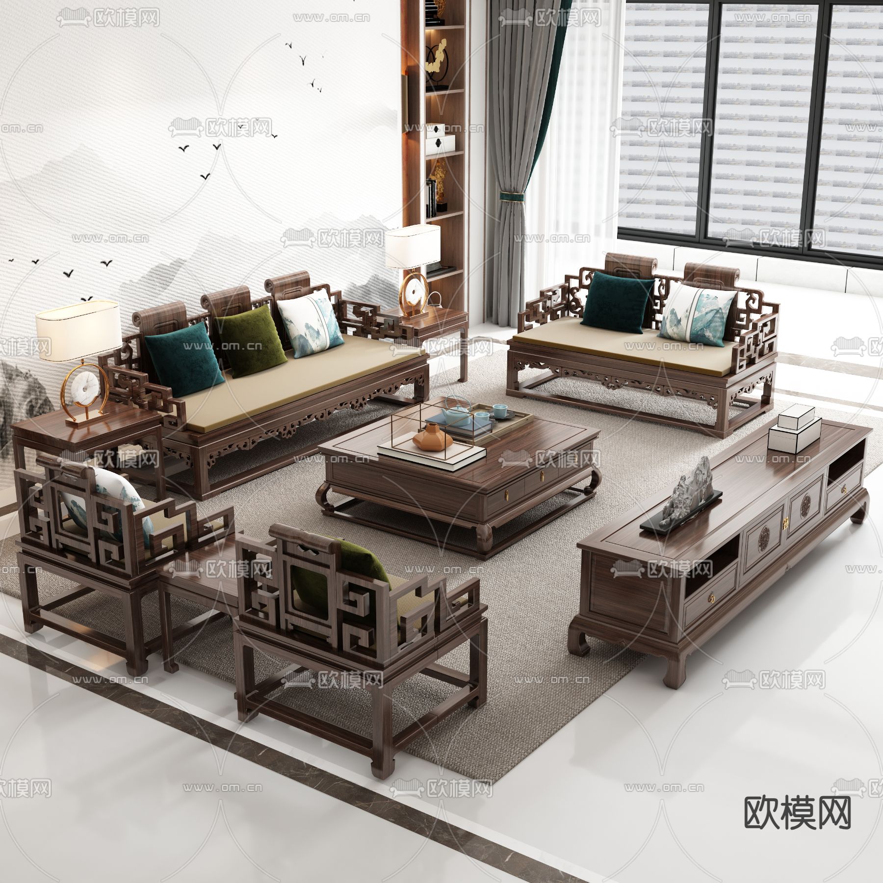 中式组合沙发 客厅3d模型下载_ID15105812_3dmax免费模型-欧模网