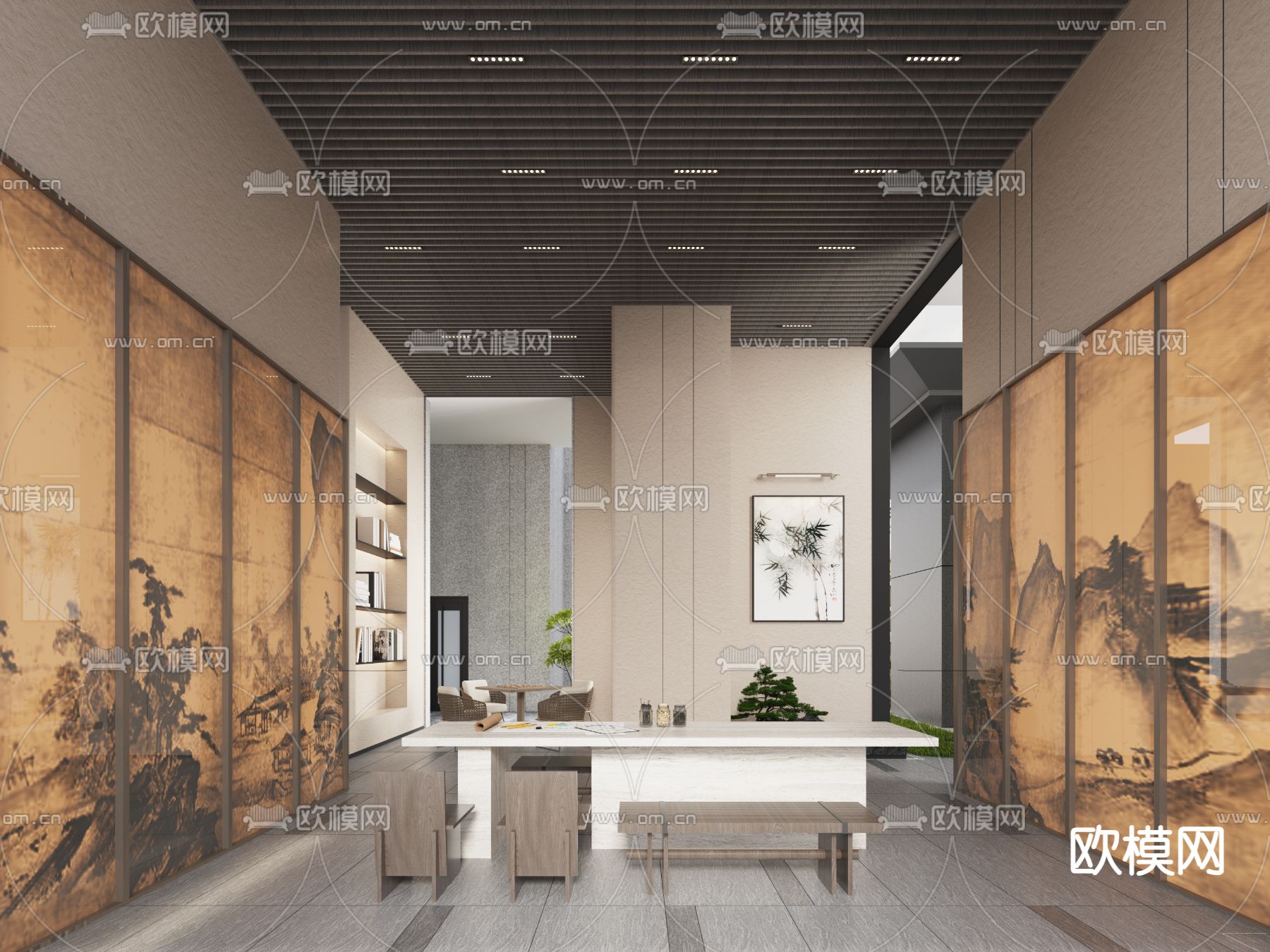 新中式休闲区 公共活动空间3d模型下载