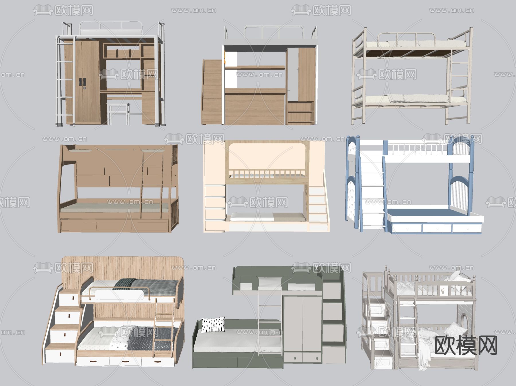 现代高低床 上下铺 上下床 双层床su模型下载（渲染图1）