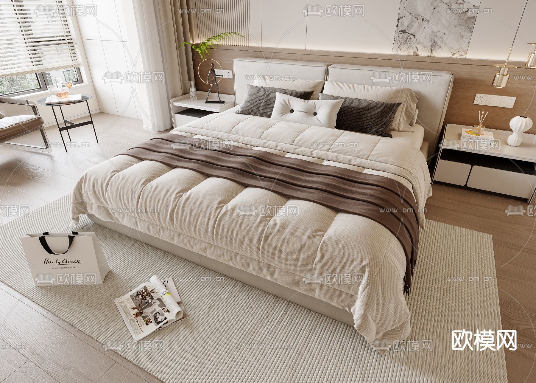 现代双人床su模型下载（渲染图2）