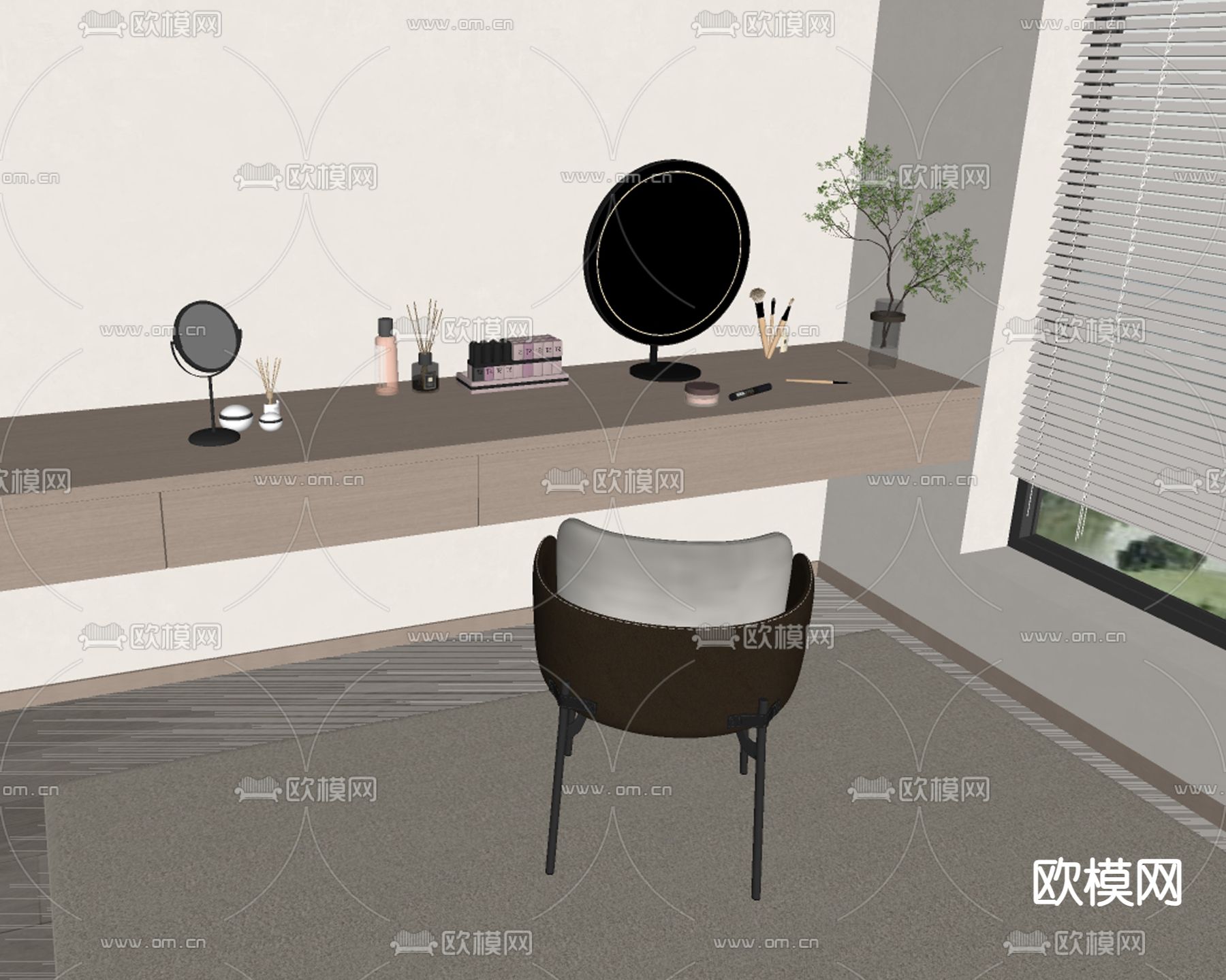 现代梳妆台 梳妆凳su模型下载（渲染图1）