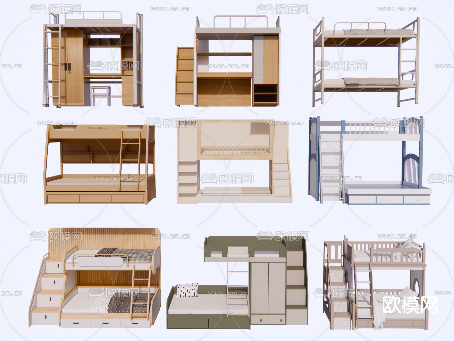 现代高低床 上下铺 上下床 双层床su模型下载（渲染图2）