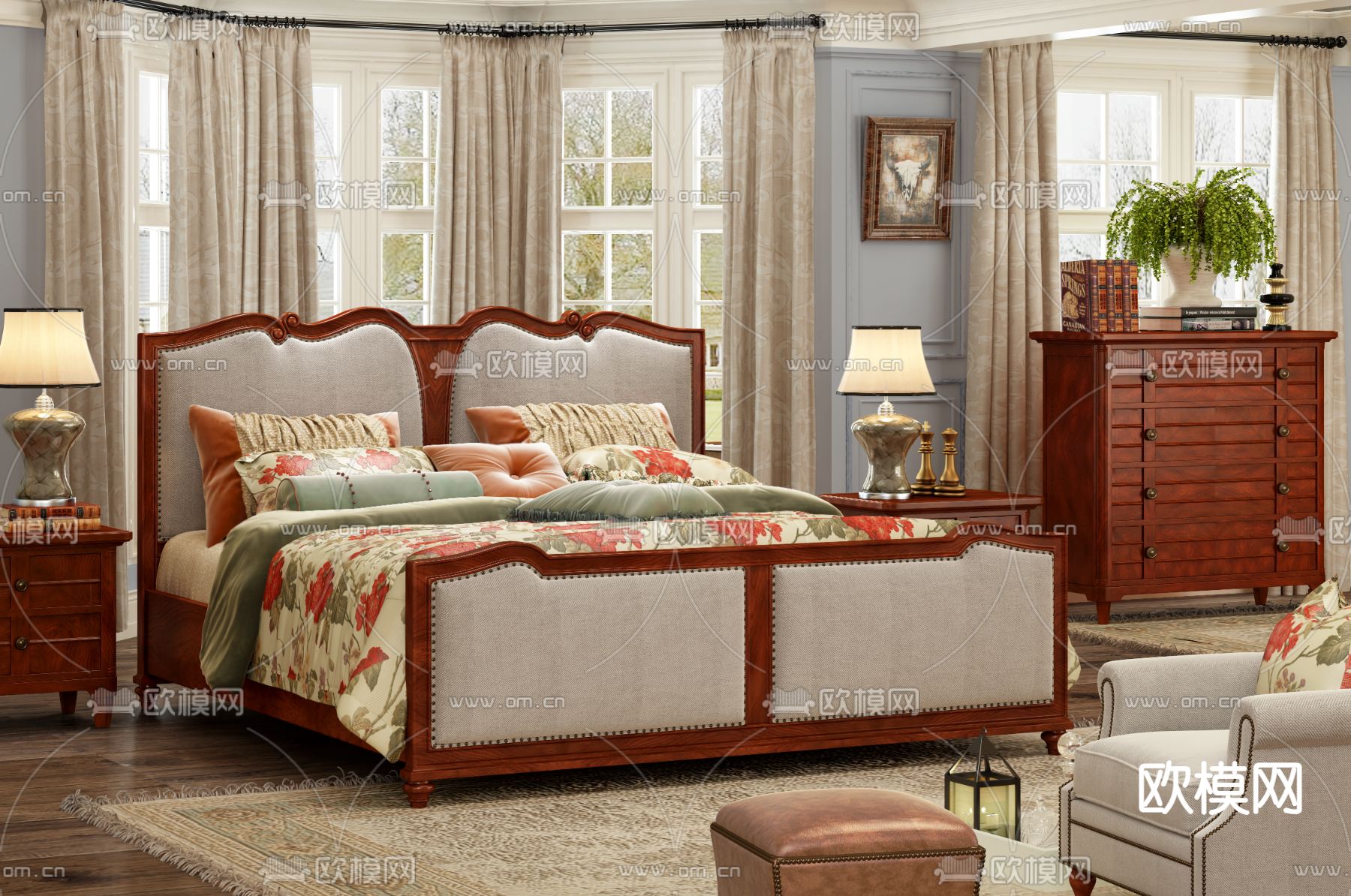 美式双人床3d模型下载