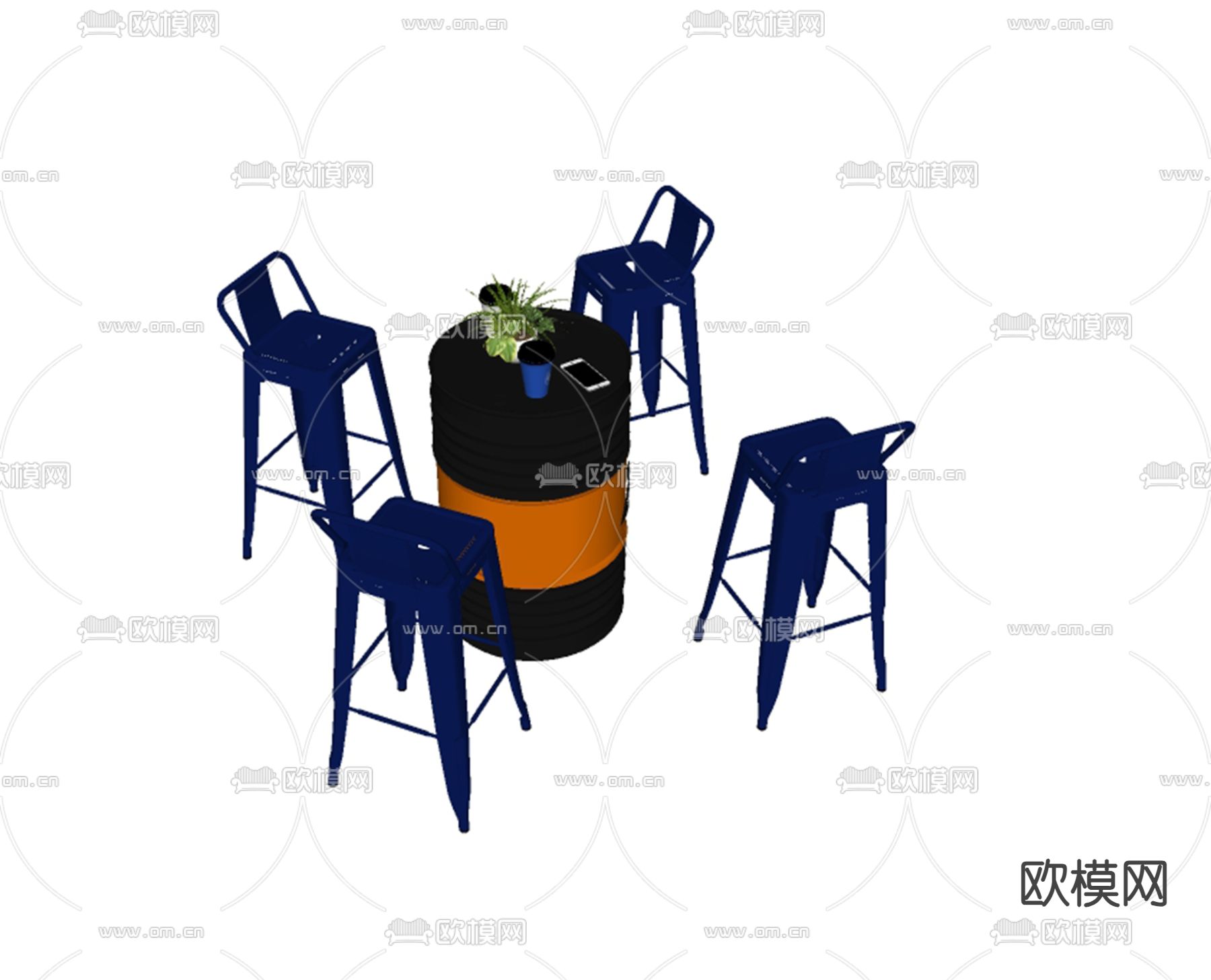 工业风LOFT座椅 汽油桶桌 休闲桌椅su模型下载（渲染图1）