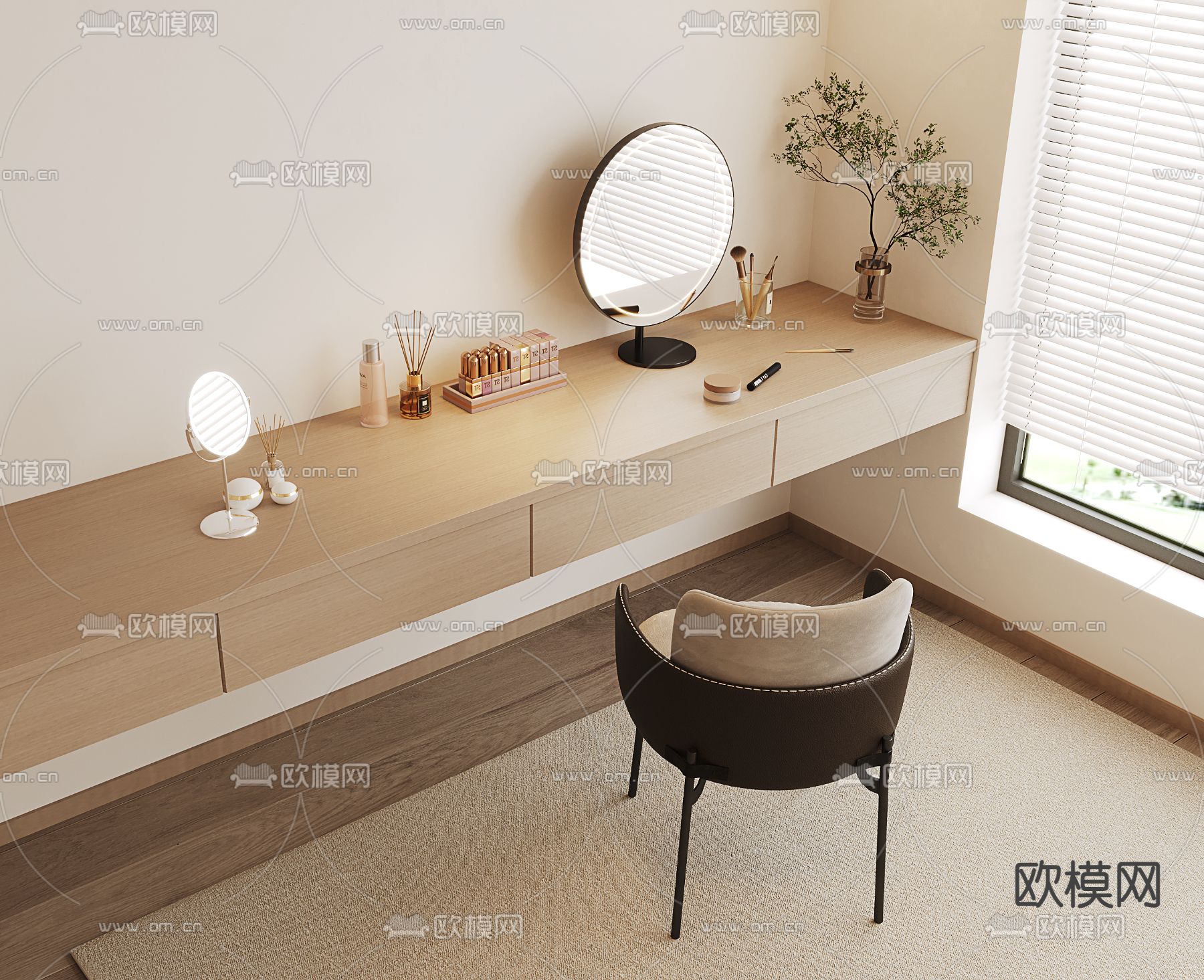 现代梳妆台 梳妆凳su模型下载（渲染图2）