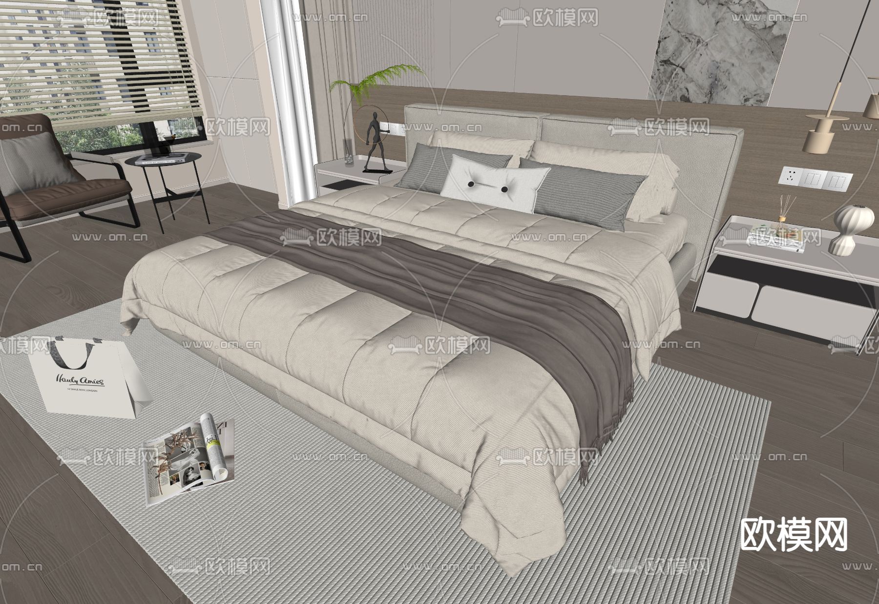 现代双人床su模型下载（渲染图1）