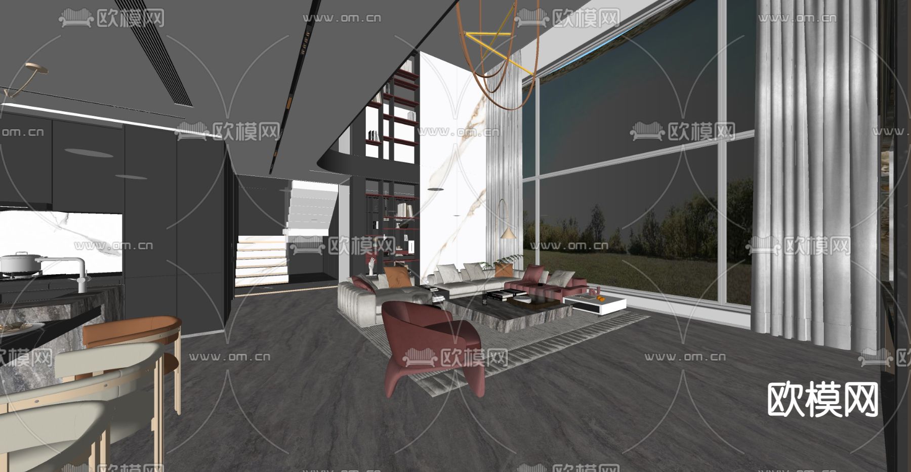 现代别墅客厅 挑空客厅su模型下载（渲染图1）