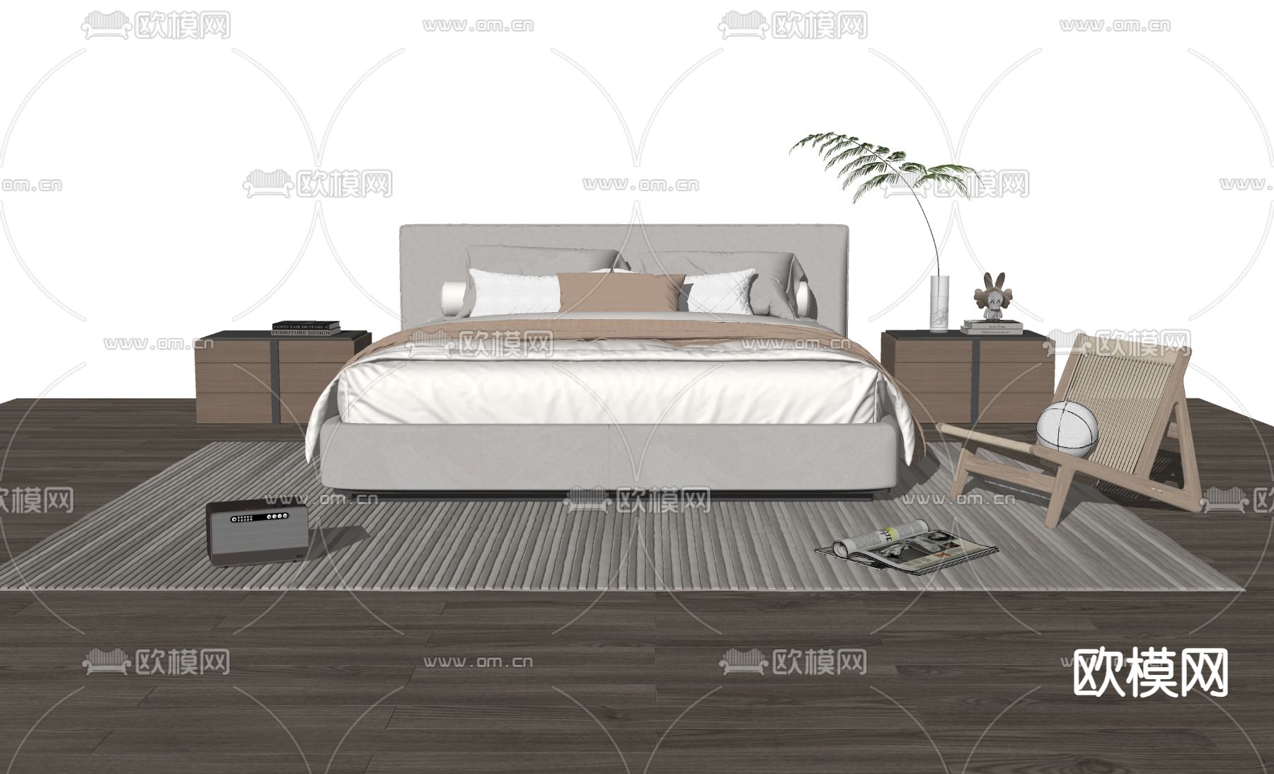 现代双人床su模型下载（渲染图1）