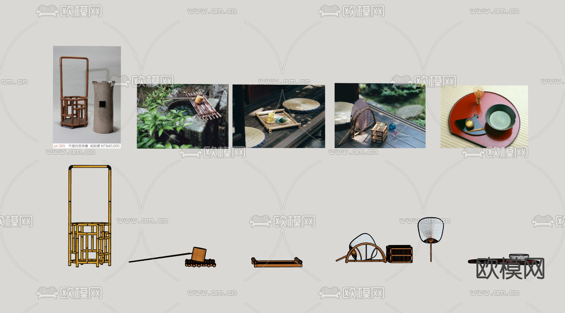 竹制工具摆件 竹篮 竹托盘su模型下载（渲染图2）