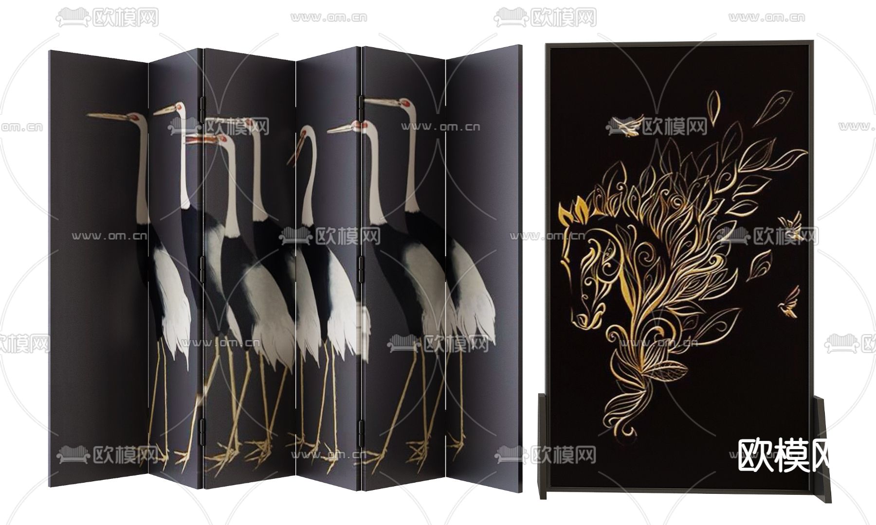 中古风屏风 仙鹤隔断3d模型下载