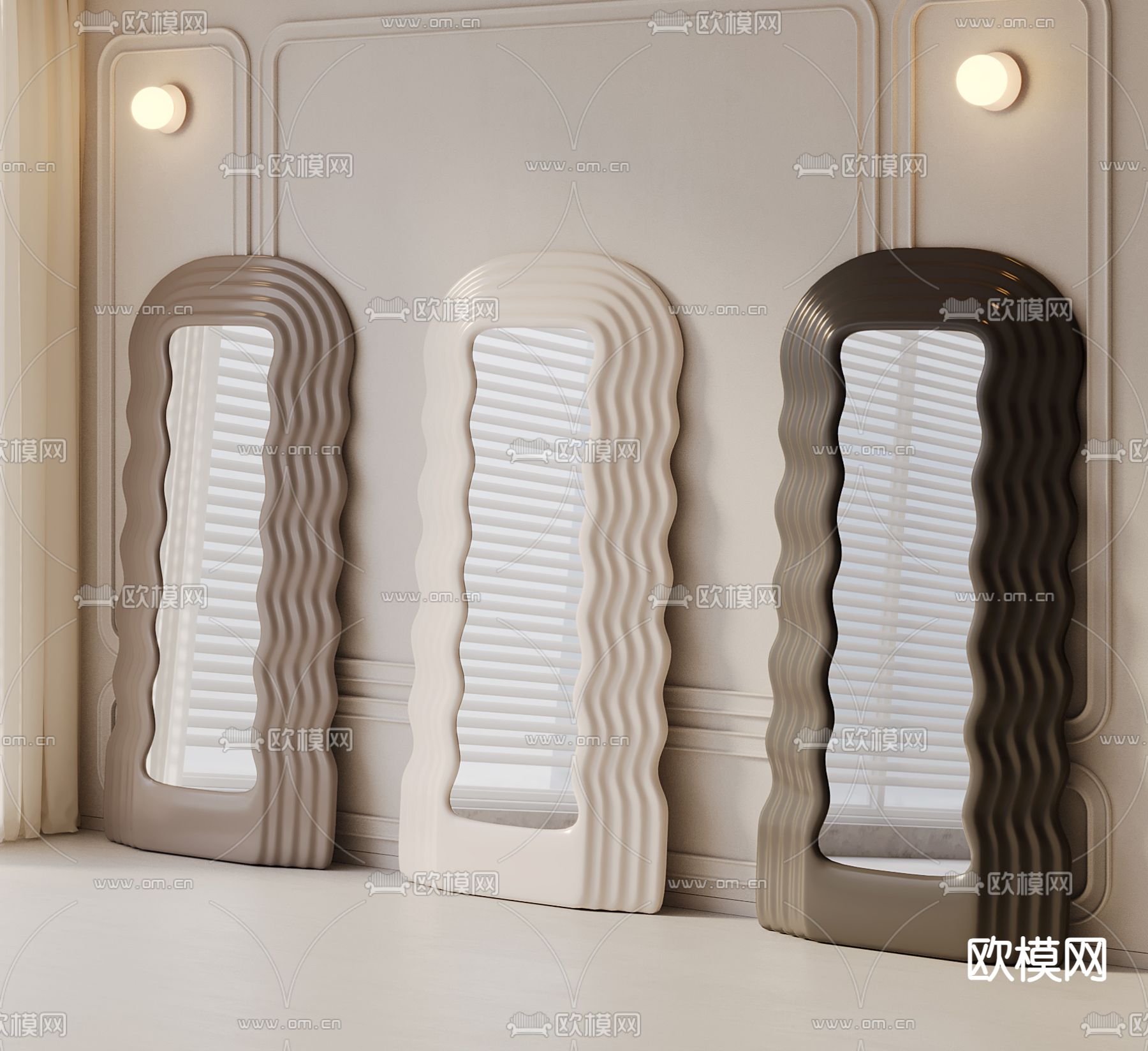 奶油风全身镜 镜子 海浪穿衣镜3d模型下载