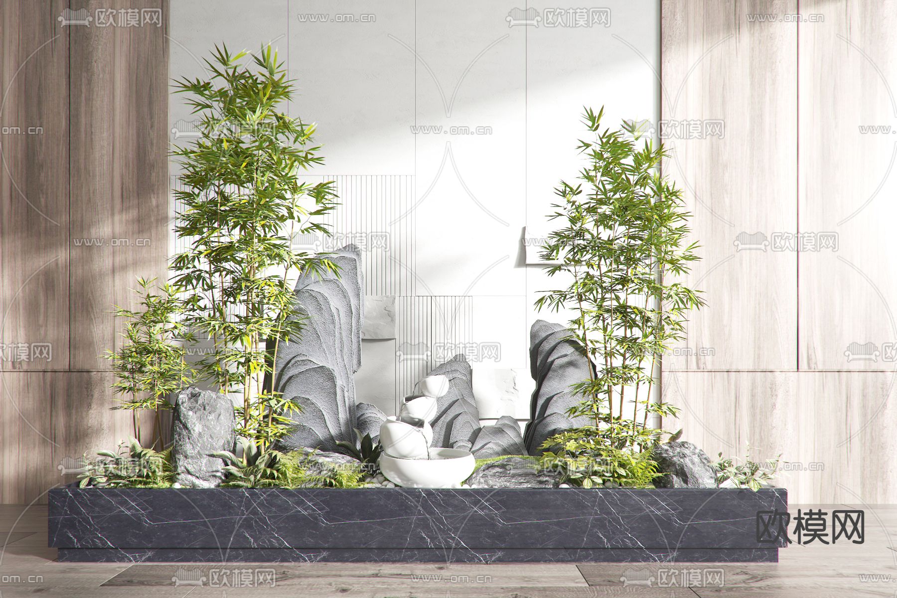 跌水景观 室内造景 竹子假山3d模型下载