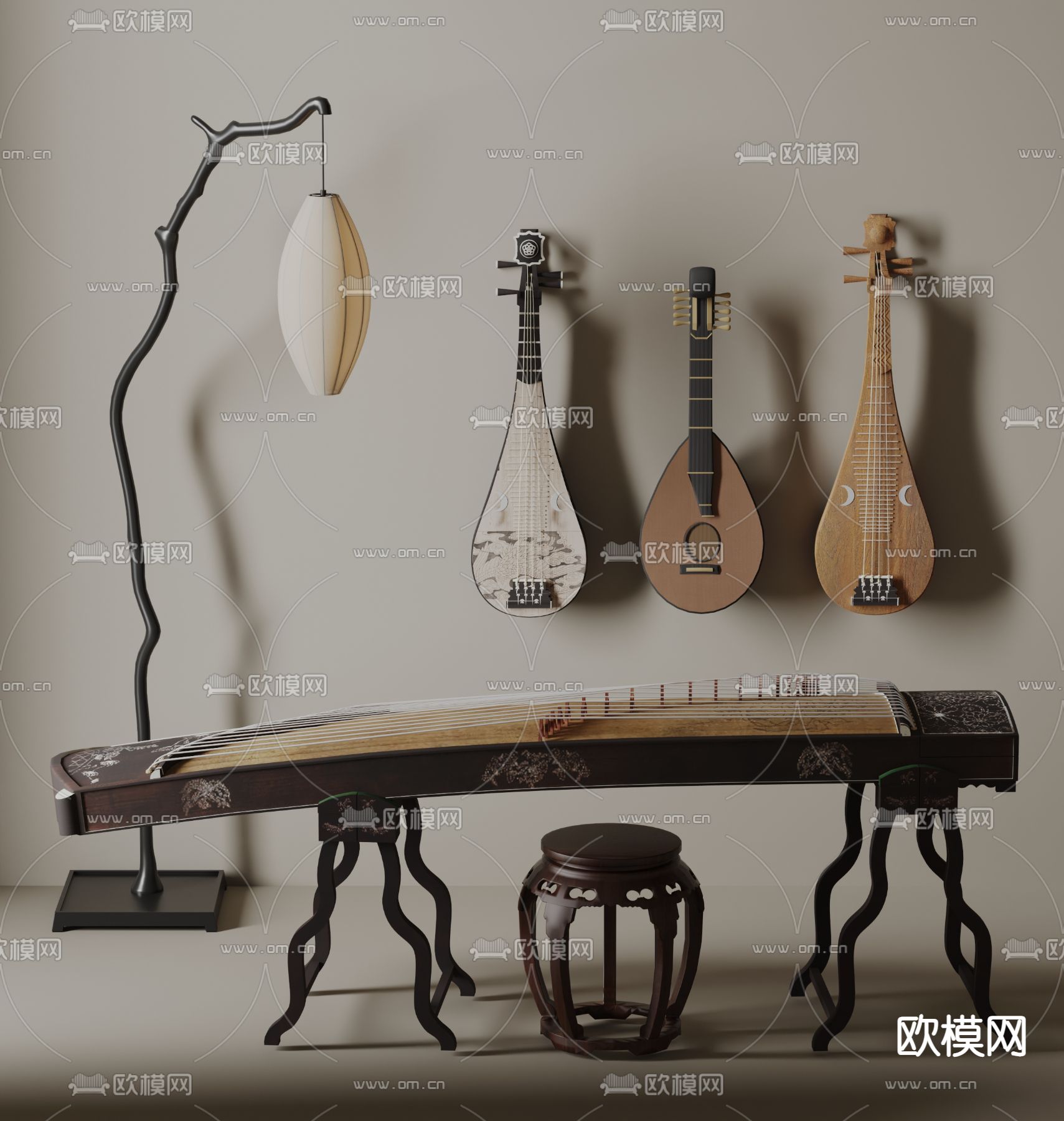 新中式古筝 琵琶su模型下载（渲染图2）