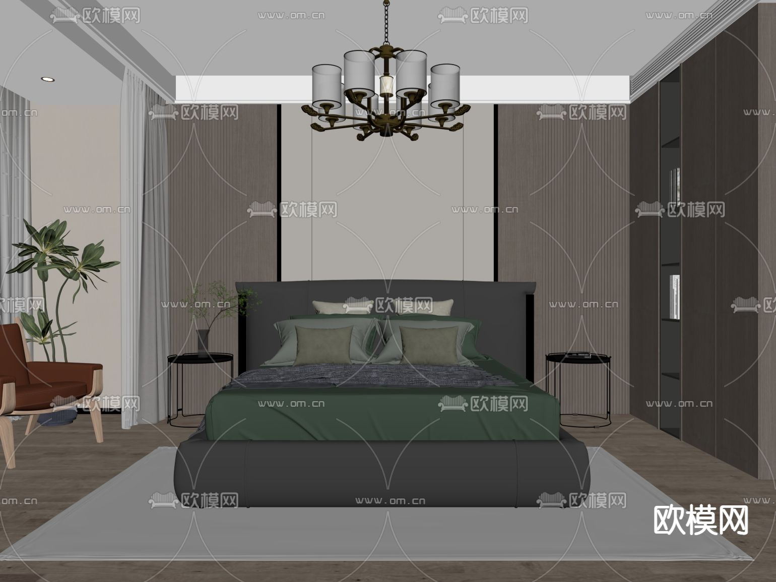 新中式卧室 主卧su模型下载（渲染图1）